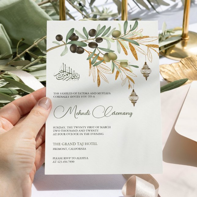 Olive Gold Branch Arabian Lantern Islamic Mehndi Invitation (Creator Uploaded)