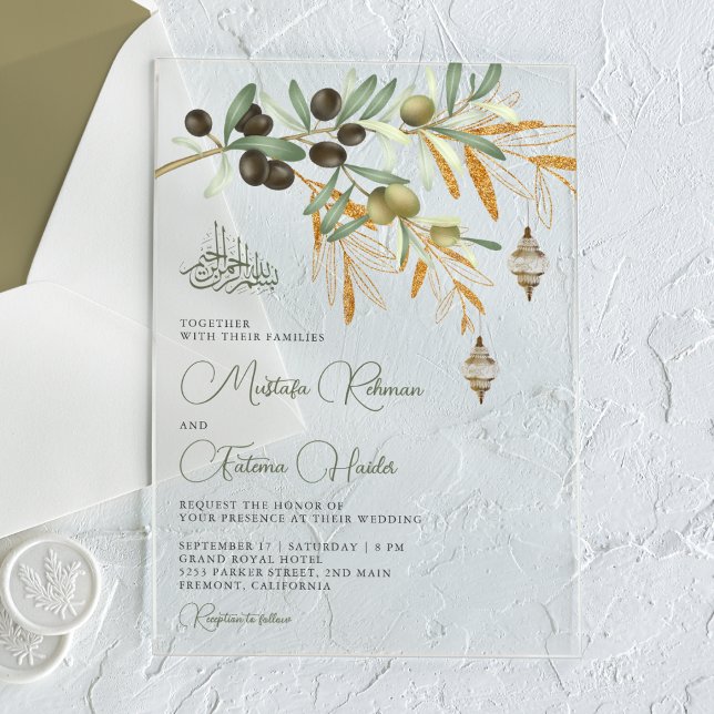 Olive Gold Branch Arabian Lantern Islamic Wedding Acrylic Invitations (Creator Uploaded)