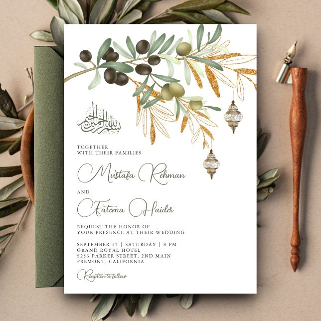 Olive Gold Branch Arabian Lantern Islamic Wedding Invitation (Creator Uploaded)