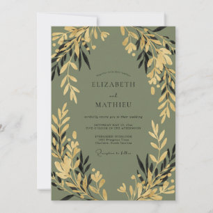 Olive Gold Foliage Grey Eucalyptus Wedding Invitation
