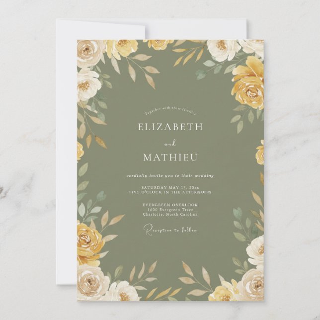 Olive Gold Foliage Muted Eucalyptus Wedding Invitation (Front)