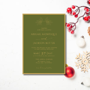 Olive Gold Frame Holly Tree Christmas Wedding Invitation