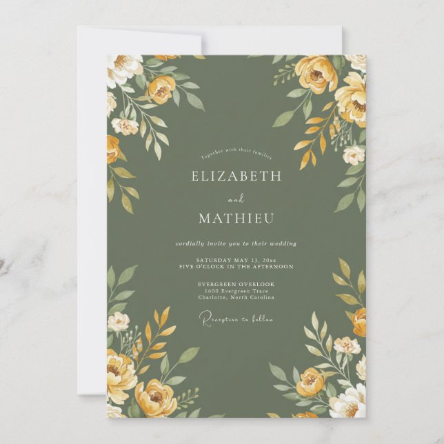 Olive Gold Petal Wedding Invitation (Front)