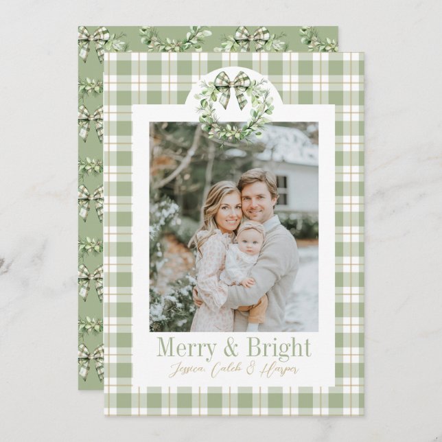 Olive Gold Plaid Wreath Preppy Bow Christmas Card (Front/Back)
