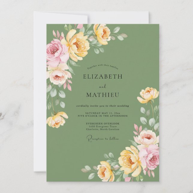 Olive Golden Ranunculus Eucalyptus Wedding Invitation (Front)