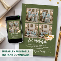 Olive Green 4 Photo Collage Eid Mubarak Card