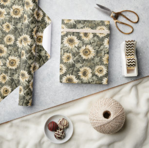 Olive Green Abstract Sunflower Birthday Wrapping Paper