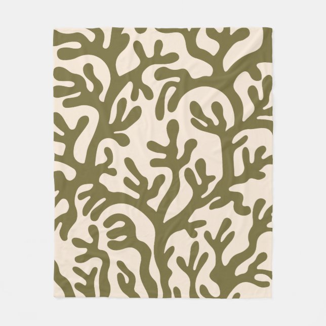 Olive Green Aesthetic Liquid Organic Shapes Patter Fleece Blanket (Front)