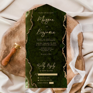Olive Green Agate Gold Script Wedding All In One Invitation