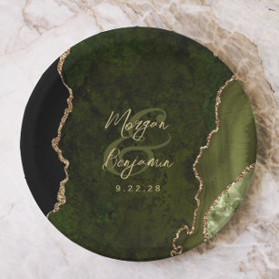 Olive Green Agate Gold Script Wedding Paper Plate