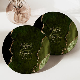 Olive Green Agate Gold Script Wedding Paper Plate