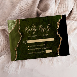 Olive Green Agate Gold Script Wedding RSVP Card