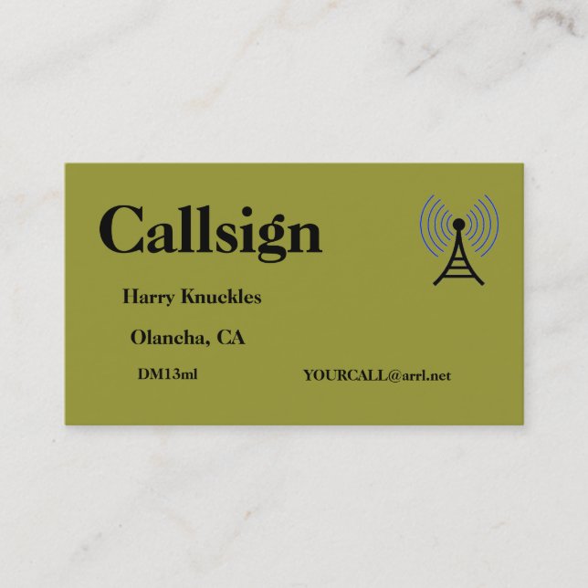 Olive Green Amateur Radio Call Sign Business Card (Front)