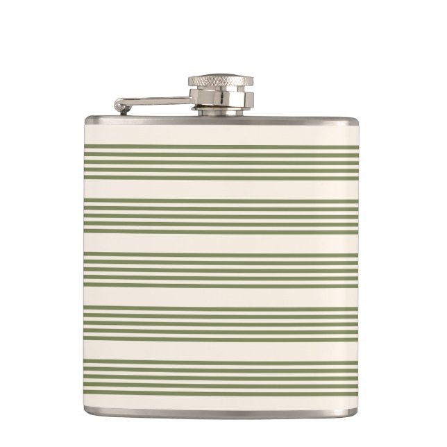 Olive green and beige five stripes pattern hip flask (Front)