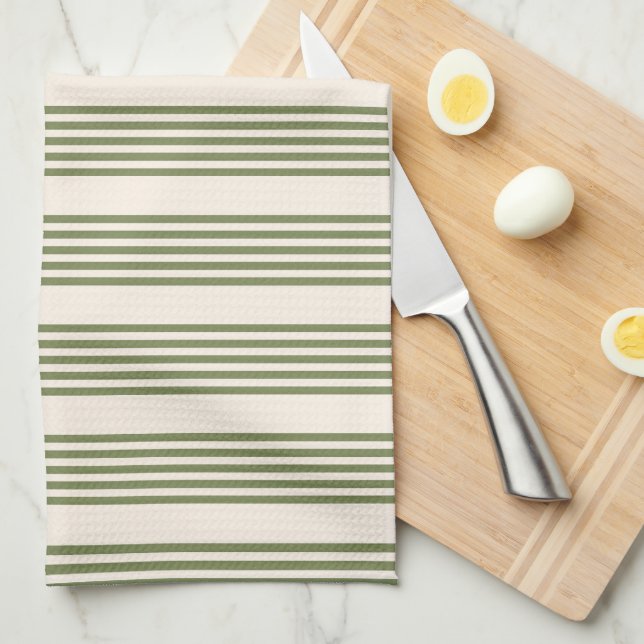 Olive green and beige five stripes pattern tea towel (Quarter Fold)