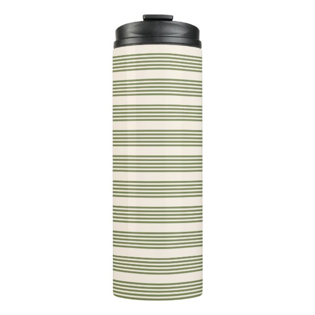Olive green and beige five stripes pattern thermal tumbler (Front)