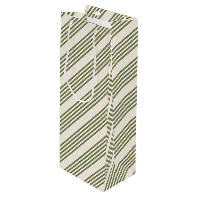 Olive green and beige five stripes pattern wine gift bag (Front Angled)