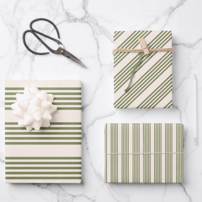 Olive green and beige five stripes pattern wrapping paper sheet (Front)