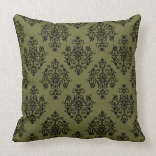 Olive Green and Black Damask Pattern Cushion