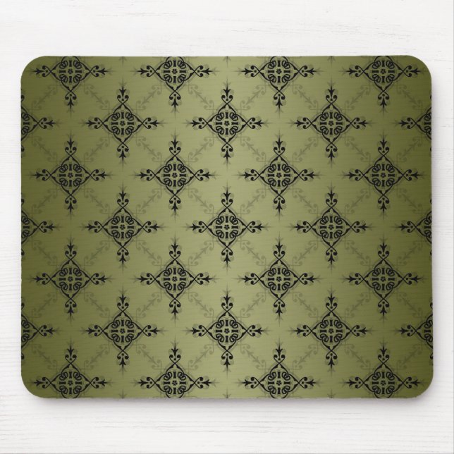 Olive Green and Black Damask Pattern Mouse Pad (Front)