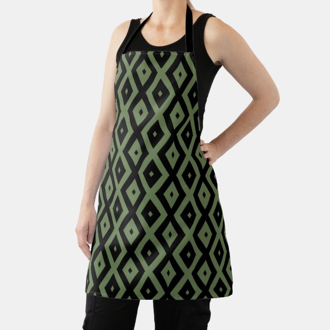 Olive green and black diamond pattern apron (Insitu)