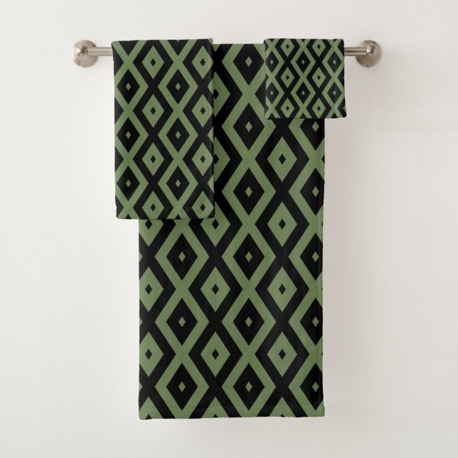 Olive green and black diamond pattern bath towel set (Insitu)