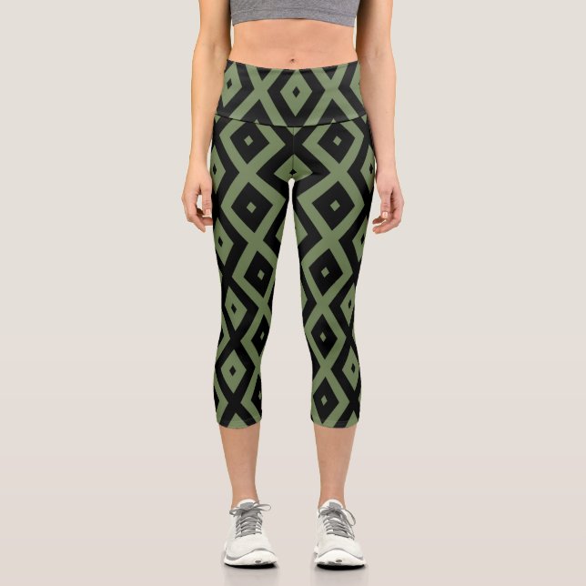 Olive green and black diamond pattern capri leggings (Front)