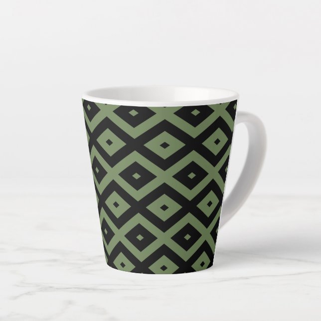 Olive green and black diamond pattern latte mug (Right Angle)