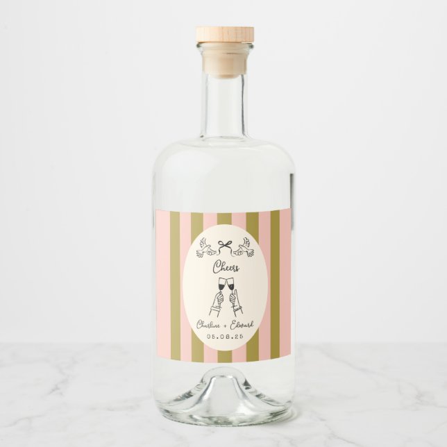 Olive Green and Blush Pink Striped Wedding Bottle  Liquor Bottle Label (Front)