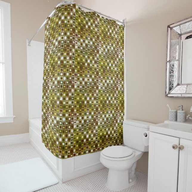 Olive Green and Brown Geometric Square Pattern Shower Curtain (In Situ)