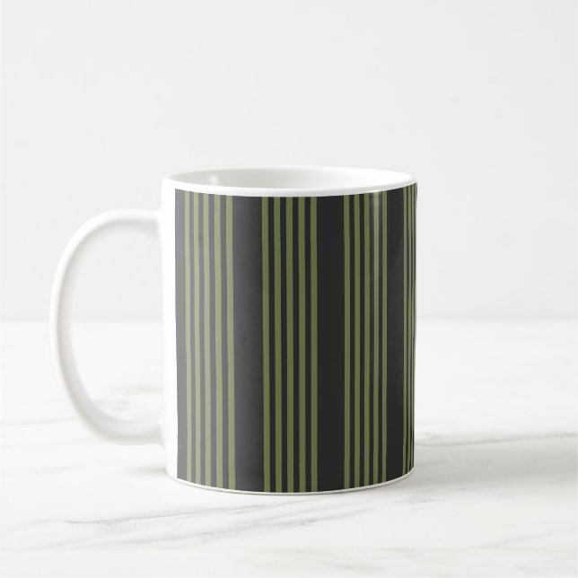 Olive green and charcoal five stripes pattern coffee mug (Left)