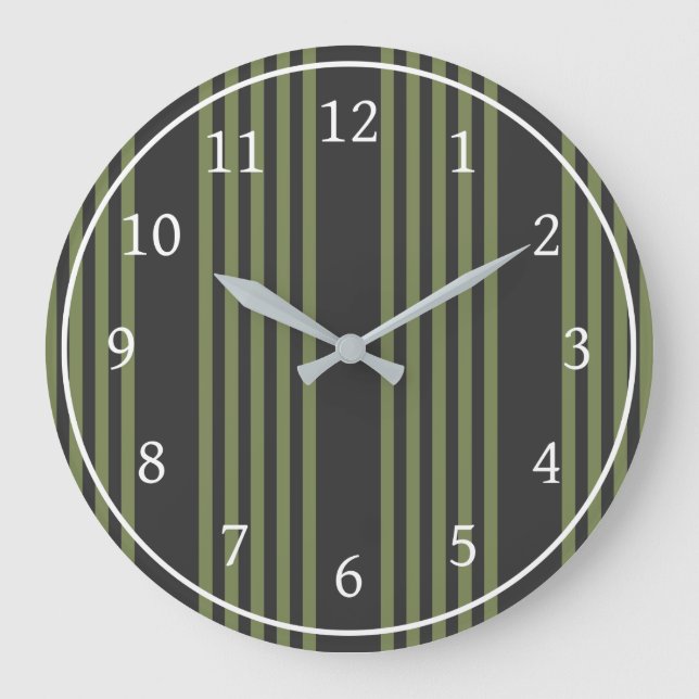 Olive green and charcoal five stripes pattern large clock (Front)