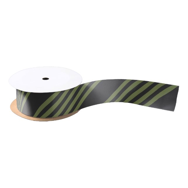 Olive green and charcoal five stripes pattern satin ribbon (Spool)