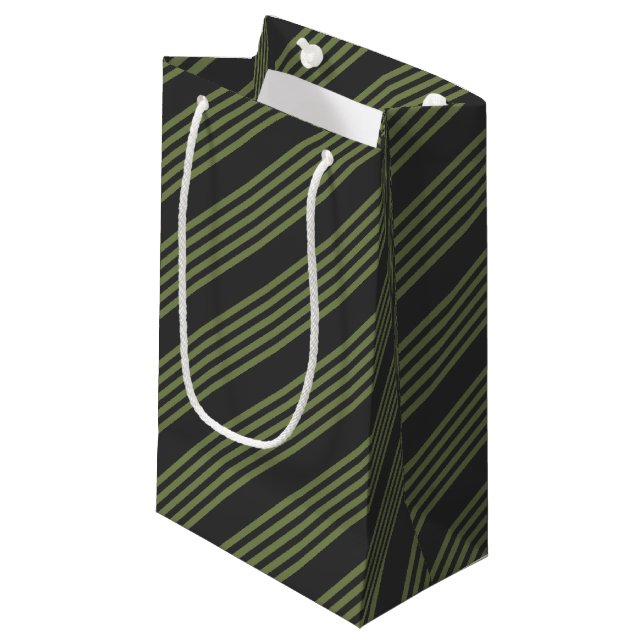 Olive green and charcoal five stripes pattern small gift bag (Front Angled)