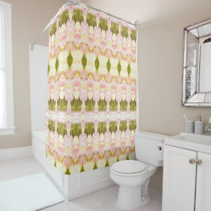 Olive green and coral accented shower curtain