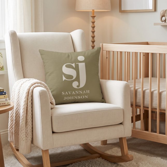 Olive green and cream monogram initials  cushion (Creator Uploaded)