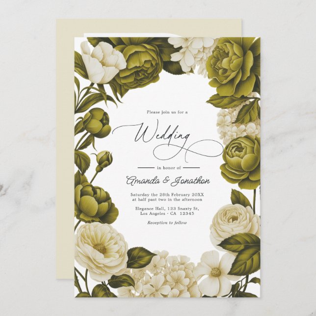 Olive Green and Cream Watercolor Floral Wedding Invitation (Front/Back)