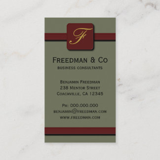 Olive Green and Dark Red Monogram Professional Business Card