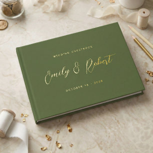 Olive Green and Gold Elegant Script Wedding Guest Book