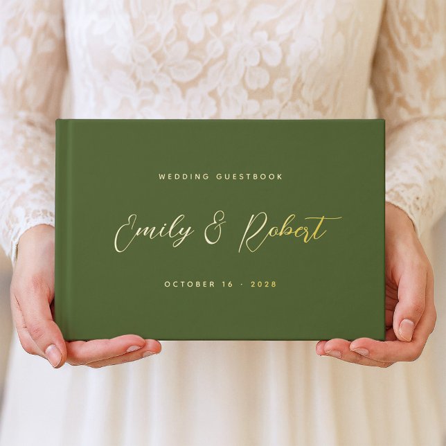 Olive Green and Gold Elegant Script Wedding Guest Book (Creator Uploaded)