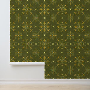 Olive Green and Gold Floral Geometric Pattern Wallpaper