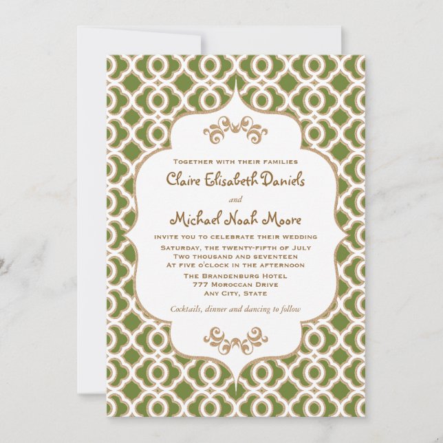 Olive Green and Gold Moroccan Wedding Invitations (Front)