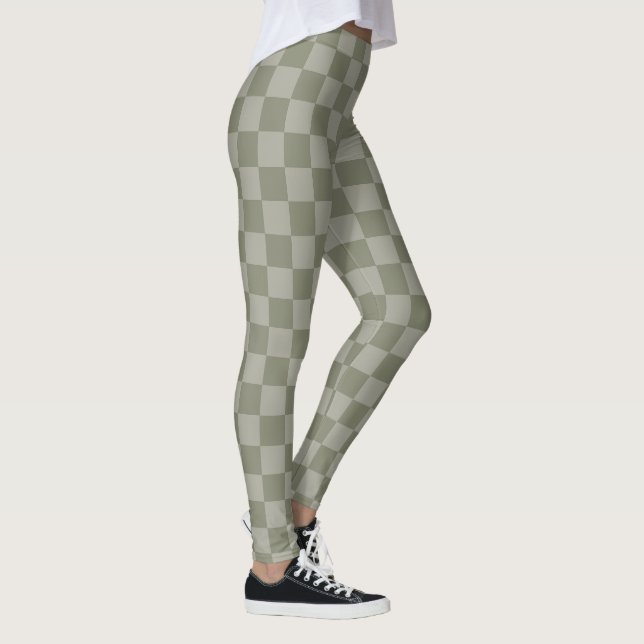 Olive Green and Grey Chequered Pattern Design Leggings (Right)