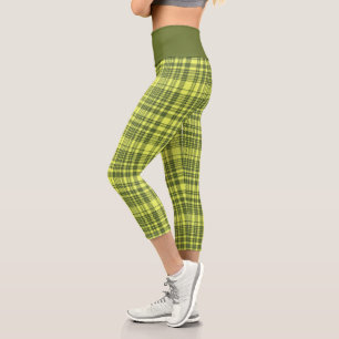 Olive Green and Lime Yellow Plaid Tartan  Capri Leggings