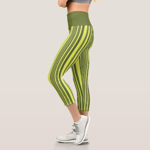 Olive Green and Lime Yellow Stripes Capri Leggings