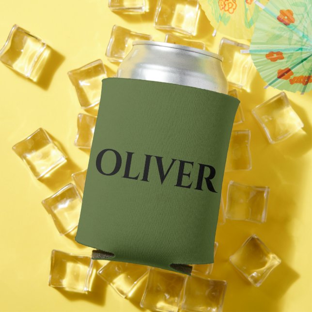 Olive Green and Minimalist Black Name   Can Cooler (In Situ Summer)