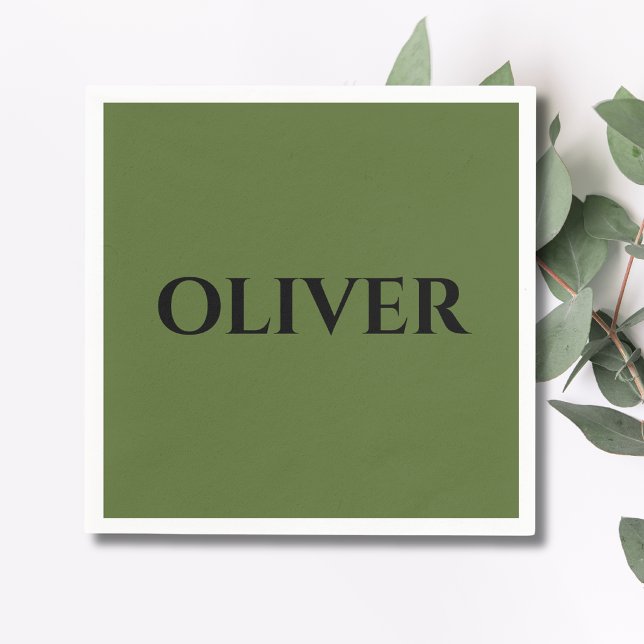 Olive Green and Minimalist Black Name   Napkin (Creator Uploaded)