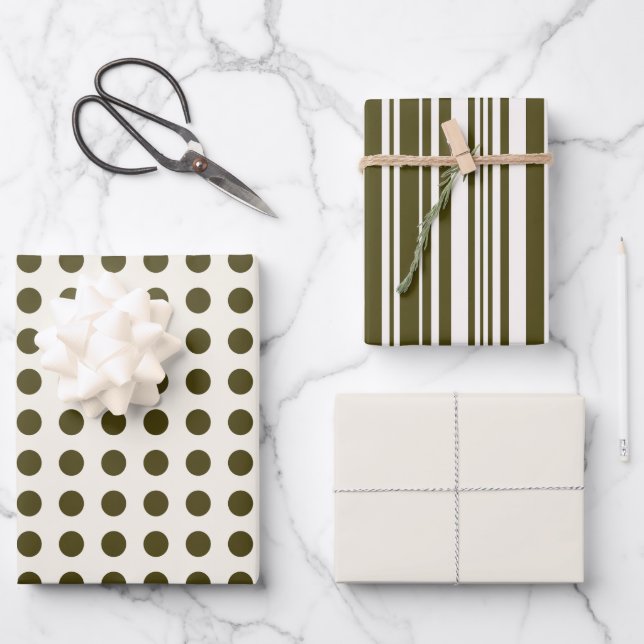 Olive Green and Old Lace Polka Dots and Stripes Wrapping Paper Sheet (Front)