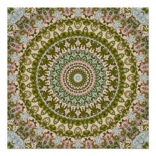 Olive Green and Pastel Mandala Pattern Poster