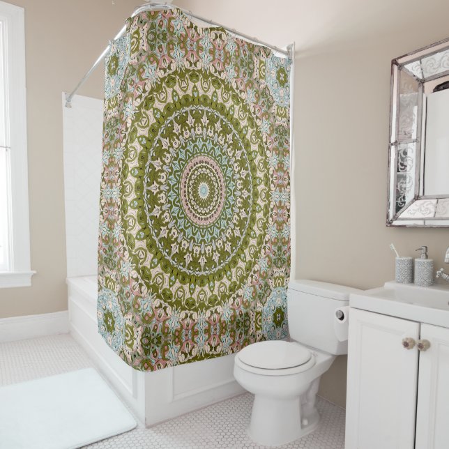 Olive Green and Pastel Mandala Pattern Shower Curtain (In Situ)